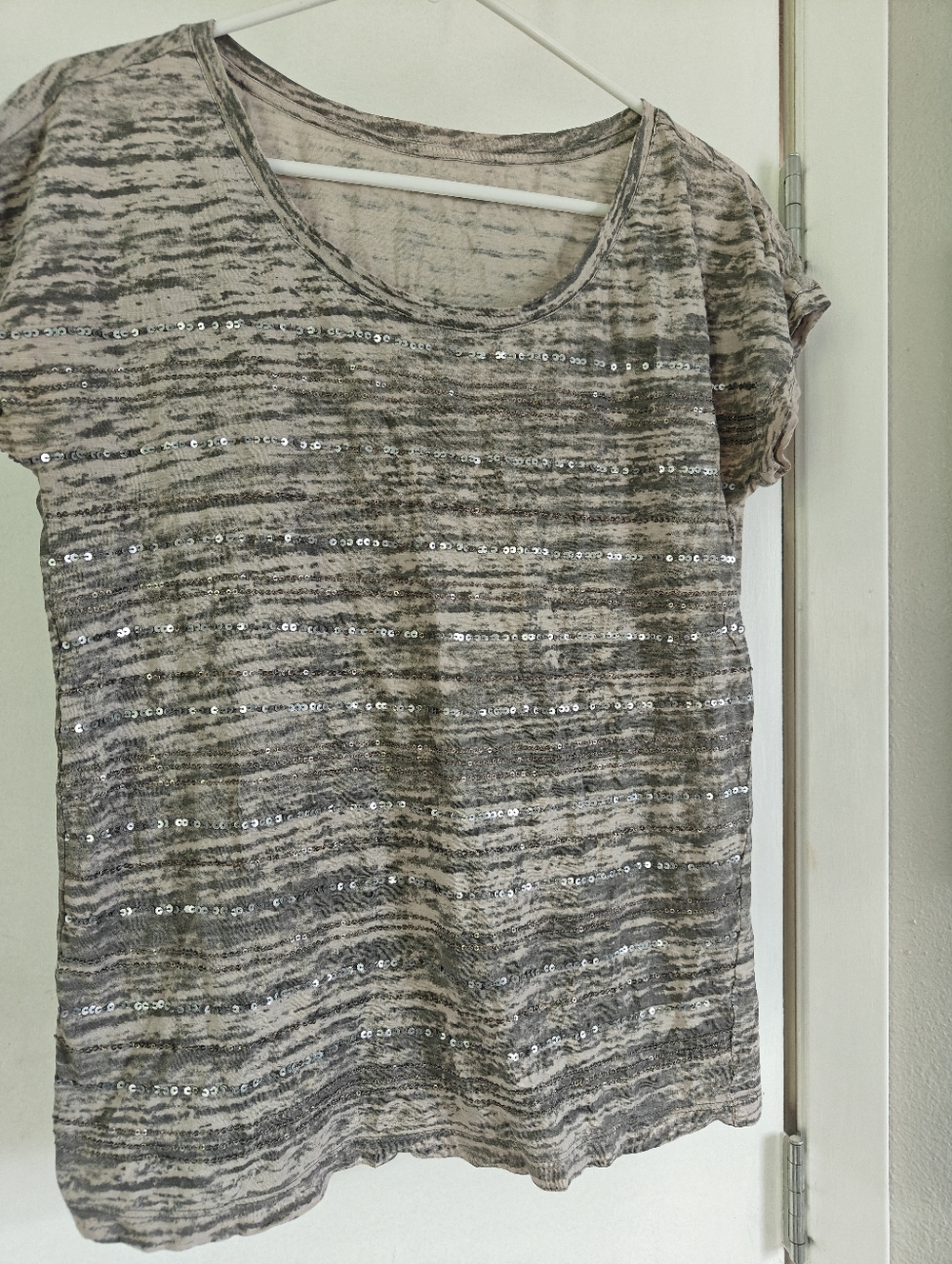 Loft Women's Gray Striped Sequin Short-Sleeve Top